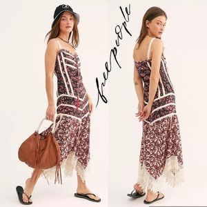 NWT FREE PEOPLE X VALIANTE Zanna Crochet Trim Midi Dress in Red/natural Batik